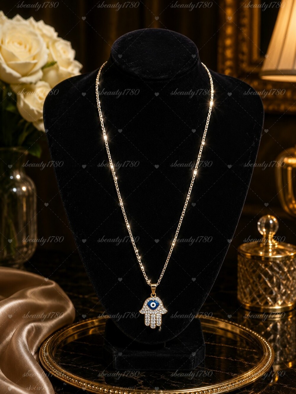 Gold Hamsa Hand Pendant Necklace with Blue Eye - Women Jewelry